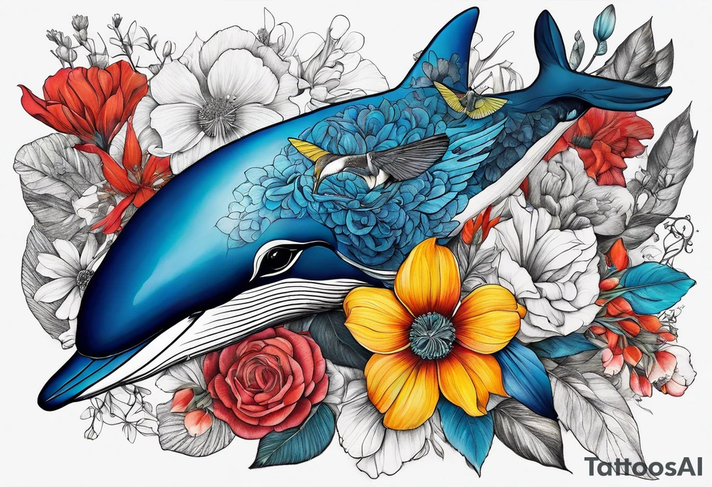 flowers, bold color, collage, blue whale, hummingbird tattoo idea