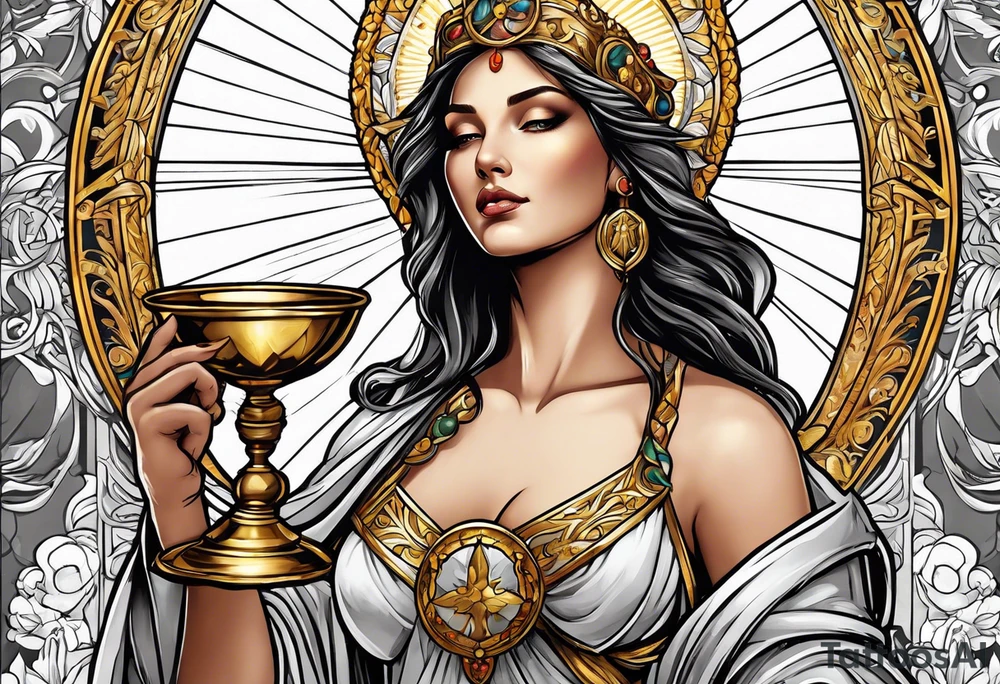 woman saint holding chalice surrounded by golden halo sideways tattoo idea