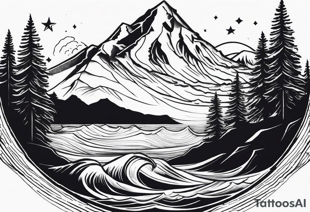 a rhombus shape. Crashing wave at the front. snow-capped mountain at the back. Pine trees to the side. three stars ARE ABOVE THE MOUNTAIN tattoo idea