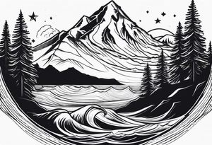 a rhombus shape. Crashing wave at the front. snow-capped mountain at the back. Pine trees to the side. three stars ARE ABOVE THE MOUNTAIN tattoo idea