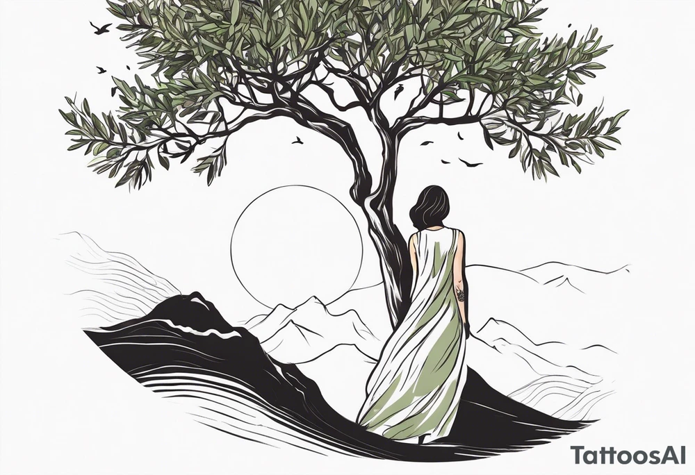 a woman turning herself in an olive tree tattoo idea