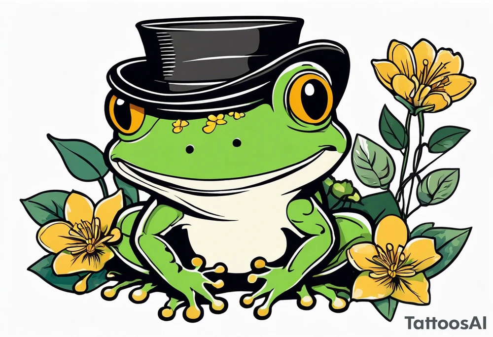 Cute Frog smiling wearing top hat and a suit standing on its Back legs while holding flowers tattoo idea Cute Frog smiling wearing top hat and a suit standing on its Back legs while holding flowers tattoo idea