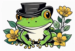 Cute Frog smiling wearing top hat and a suit standing on its Back legs while holding flowers tattoo idea