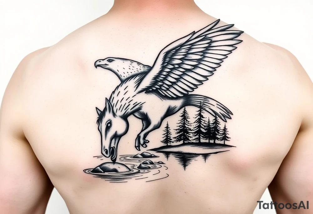 Eagle with a horse drinking from a river with some trees tattoo idea