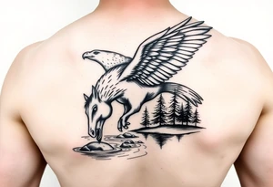 Eagle with a horse drinking from a river with some trees tattoo idea