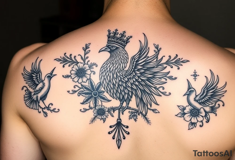 powerful majestic phenix with a crown, surrounded by floral ornaments and birds tattoo idea