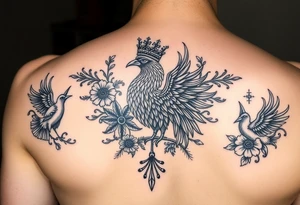 powerful majestic phenix with a crown, surrounded by floral ornaments and birds tattoo idea