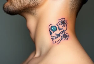 Masculine sugar skull with diamond gemstone eyes and daisy tattoo idea