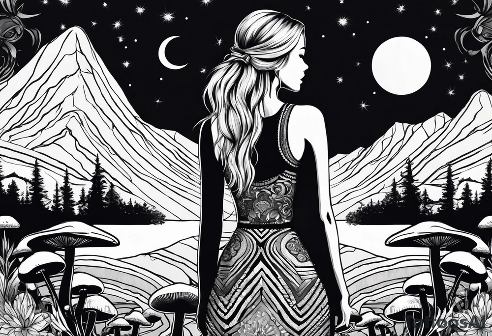 Straight blonde hair girl facing away toward mountains surrounded by mushrooms crescent moon mandala circular design black and white striped dress "8" braided into hair tattoo idea