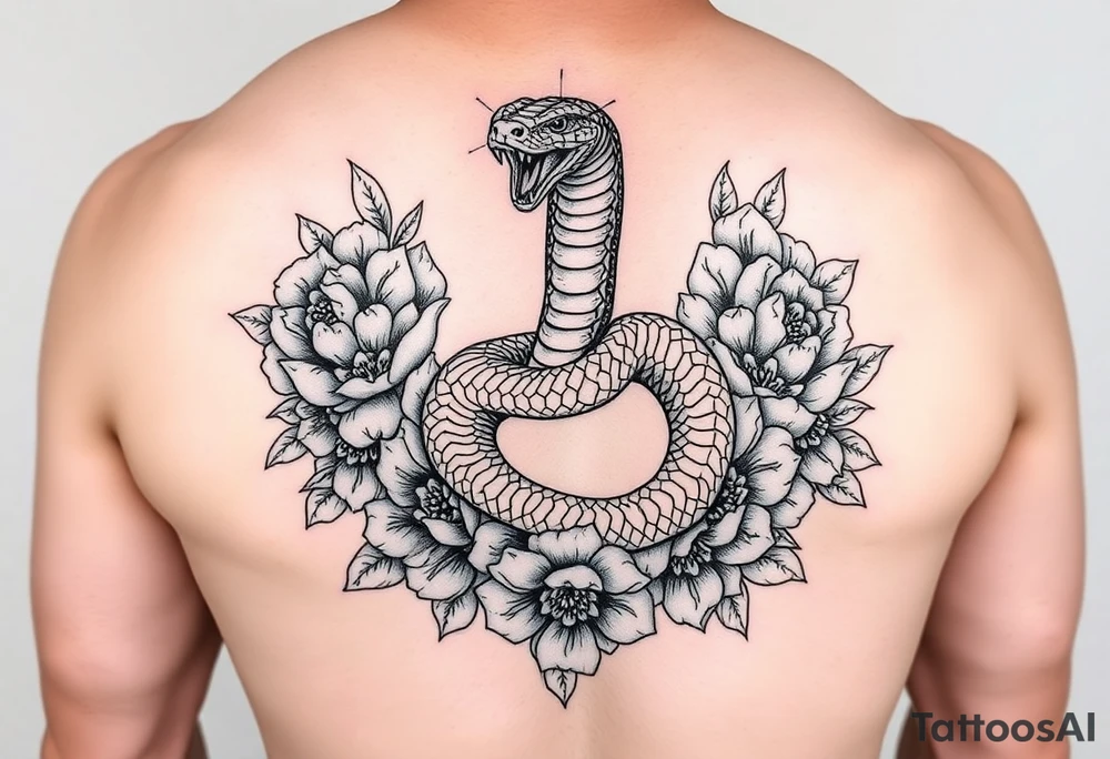 Kundalini cobra coiled around upper thigh surrounded by peonies tattoo idea