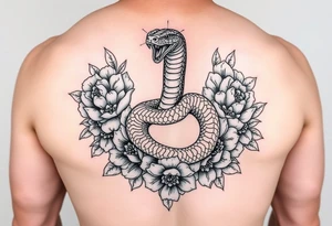 Kundalini cobra coiled around upper thigh surrounded by peonies tattoo idea