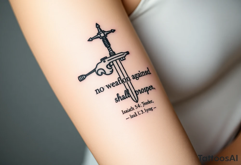 Strong biblical image that depicts, Isaiah 54:17, no weapon formed against me shall prosper under water tattoo idea