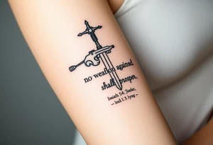 Strong biblical image that depicts, Isaiah 54:17, no weapon formed against me shall prosper under water tattoo idea