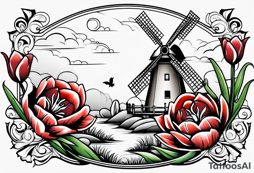 windmill and tulips and kissing couple tattoo idea