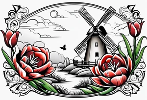 windmill and tulips and kissing couple tattoo idea