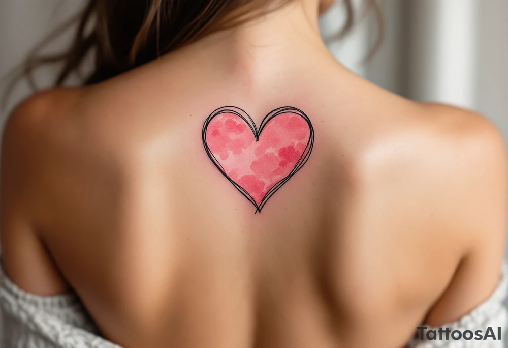 Heart outlines in black ink filled with soft pink watercolor splashes on opposite partners shoulders. tattoo idea