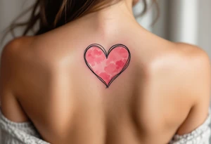 Heart outlines in black ink filled with soft pink watercolor splashes on opposite partners shoulders. tattoo idea