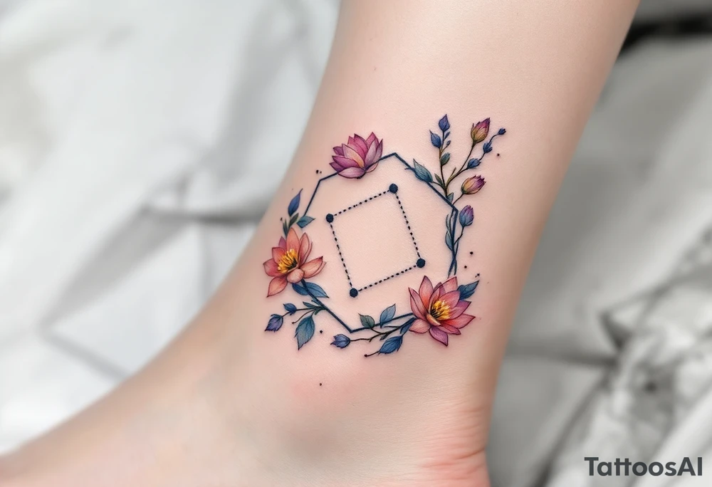 Small Feminine simple Dotted Line hexagon with Leo astrological symbol surrounded by larkspurs and water lilies tattoo idea