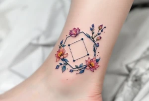 Small Feminine simple Dotted Line hexagon with Leo astrological symbol surrounded by larkspurs and water lilies tattoo idea