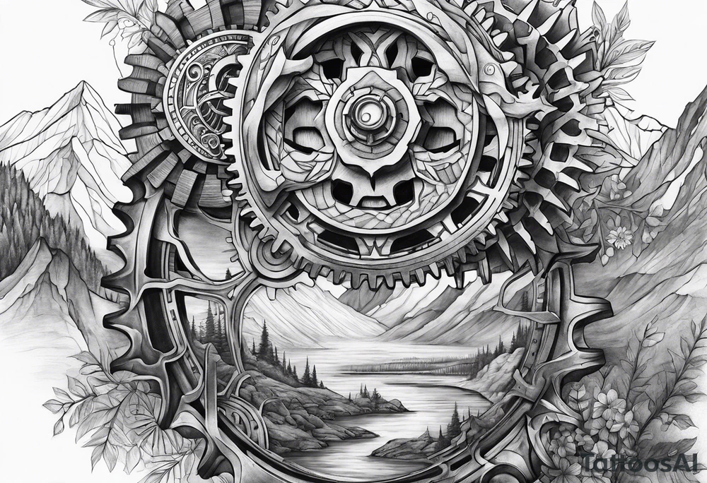 gears, mountains , streams/ rivers tattoo idea