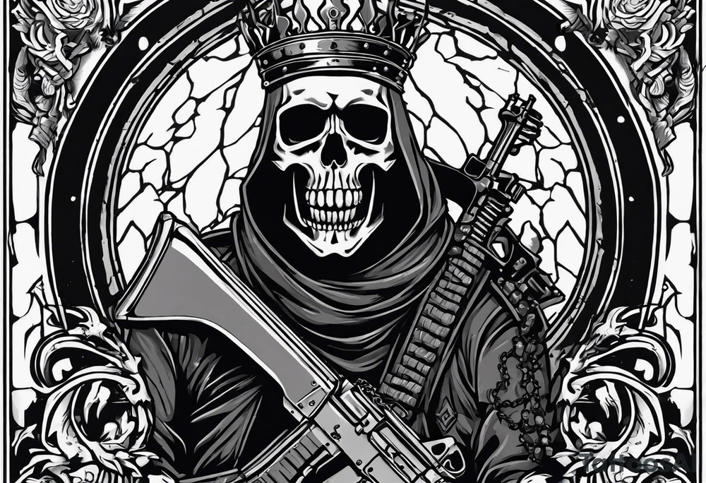 image of a skeleton standing frontally with a crown on his head, holding an AK-47 on his shoulder with his right hand. The chain on the left should be taut, there are three angry barking Dobermans in it, near the waist tattoo idea