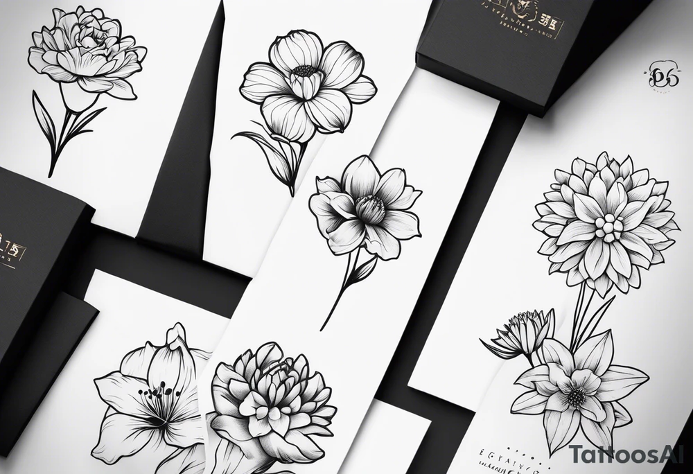 small minimalist black and white tattoo of a cute flower bouquet that MUST include 6 DIFFERENT flowers with ONE OF EACH: a carnation, a daffodil, a lily stock, a rose, a cosmos, and a chrysanthemum. tied together with a small bow tattoo idea