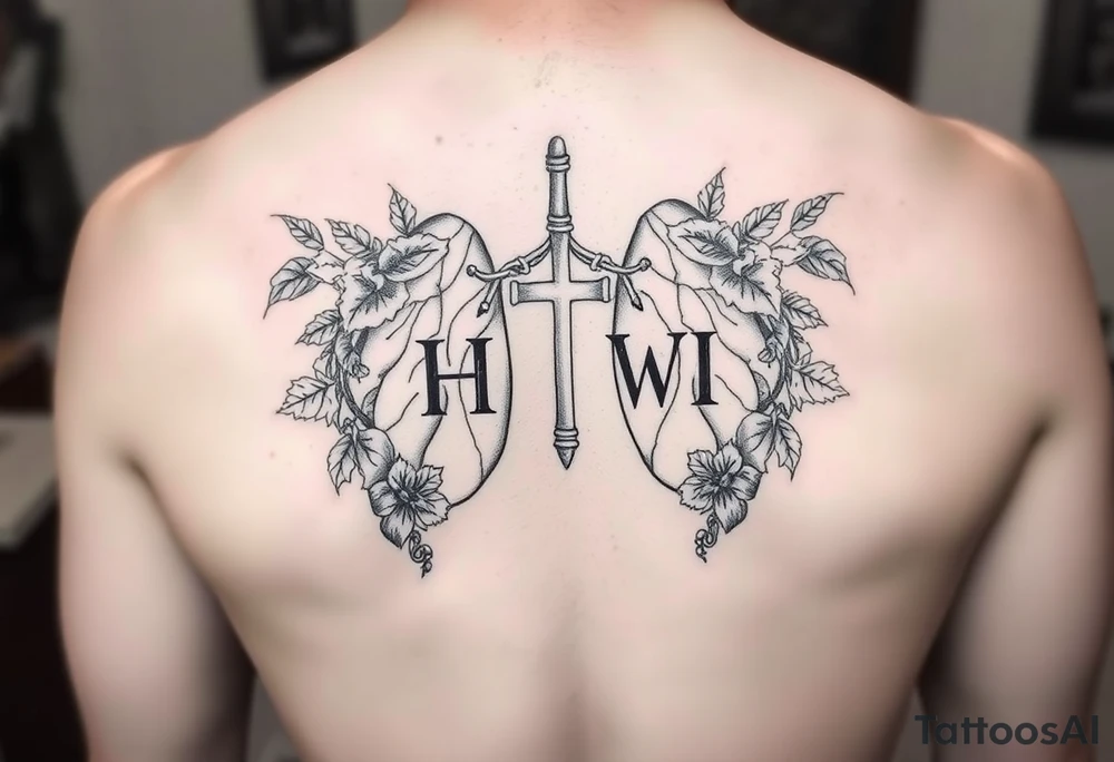 Initials YH WH in lungs with cross and grape vines tattoo idea