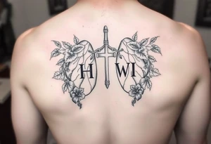Initials YH WH in lungs with cross and grape vines tattoo idea