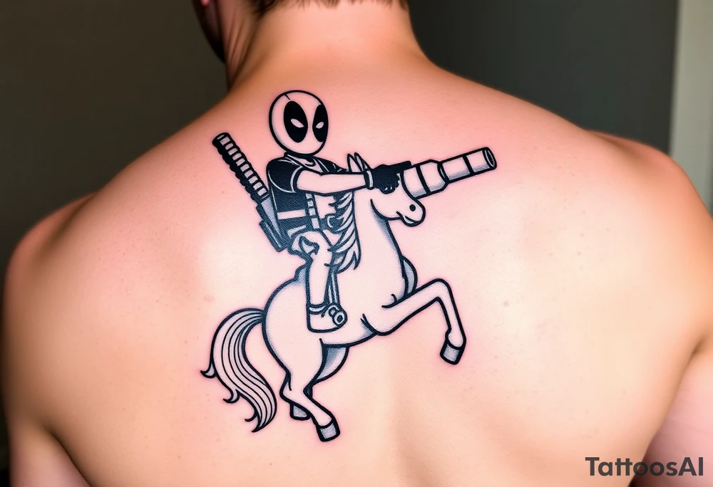 Deadpool riding unicorn pointing rocket propelled grenade launcher tattoo idea