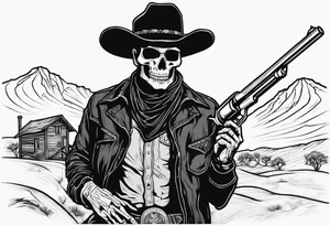 skeleton with a cowboy hat, holding a revolver, in the background there's a western hill and a man on a horseback tattoo idea