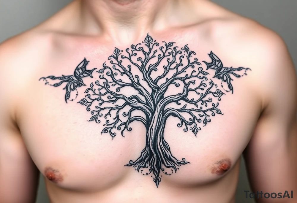 Detailed tree of life tree with designs around it with a lot of shading tattoo idea