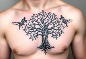 Detailed tree of life tree with designs around it with a lot of shading tattoo idea