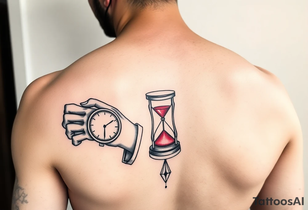 Simple grim reaper looking at a watch on his wrist with a hourglass with red sand and diamond geometric shapes tattoo idea