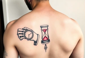 Simple grim reaper looking at a watch on his wrist with a hourglass with red sand and diamond geometric shapes tattoo idea