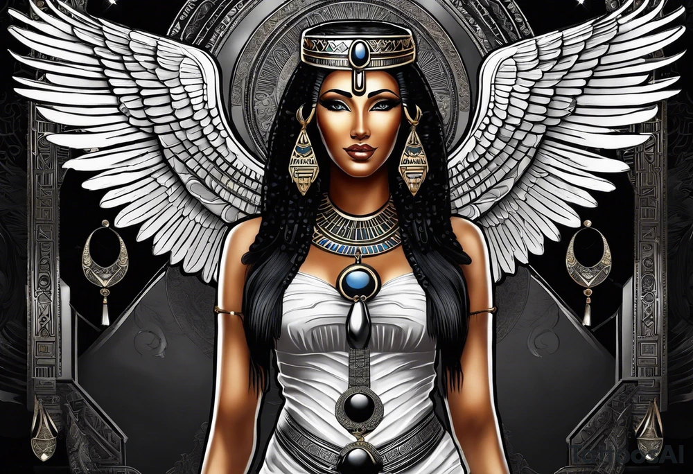 black and white Egyptian goddess Isis, who is often depicted as a woman with outstretched wings, holding an ankh (a symbol of life) in one hand and a lotus flower in the other. Her headdress often includes a throne or a solar disk. The tattoo design can vary in style and size, but it typically aims to capture the essence of this revered Egyptian deity, emphasizing her beauty, power, and maternal qualities. The choice of colors and additional elements can also be customized to create a unique and visually striking representation of the goddess Isis tattoo idea