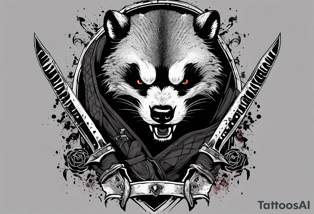 Draw me psychopath Honey Badger/Berserker/Assasin with aggressive full body, killer face with a scary smile, very long nails and he attacks like a Bloody Assassin/Warrior/Gladiator to us and also, he has very deadly looking. He fights with his nails only. Everybody scares after their first sight. Give me horror type Badger Tattoo. I want to see his Realistic full body with no weapons. You can show destruction at the back. tattoo idea