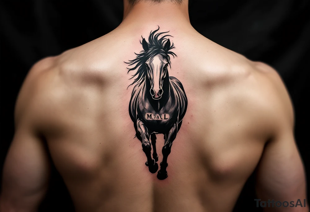 horse silhouette 
from the front which gallops from the front, with the 3 small letters discreetly integrated: M, A, L tattoo idea