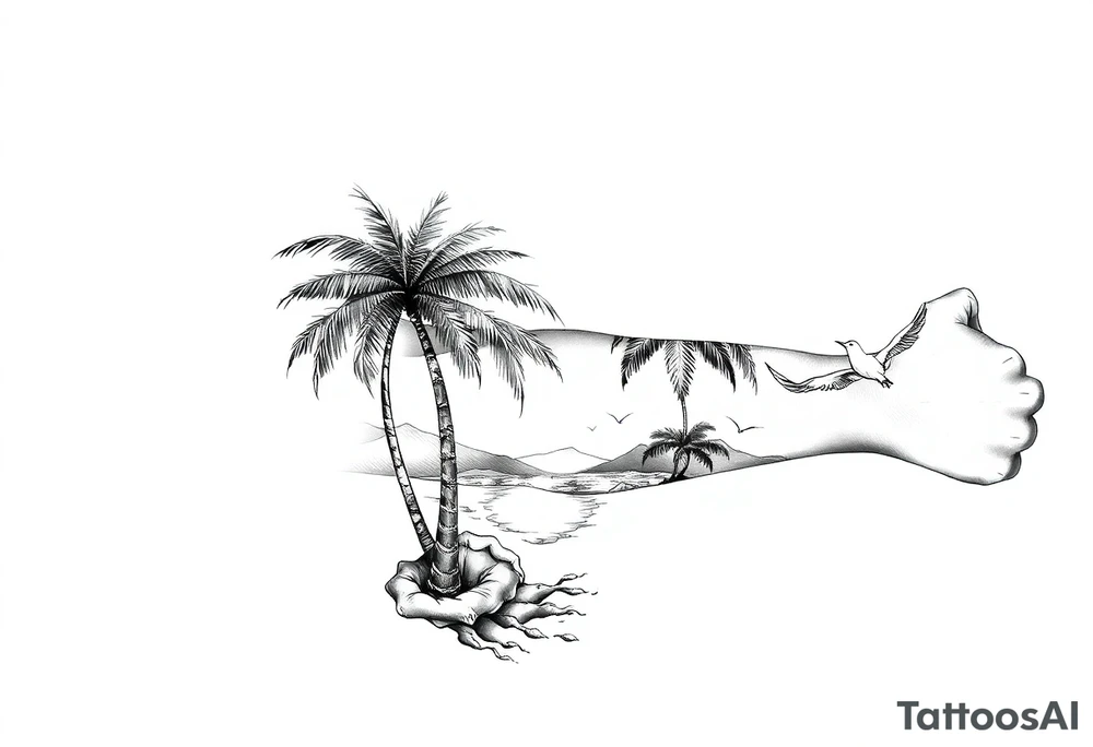 palm tree, sun, beach, birds tattoo idea