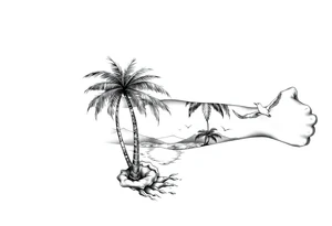palm tree, sun, beach, birds tattoo idea