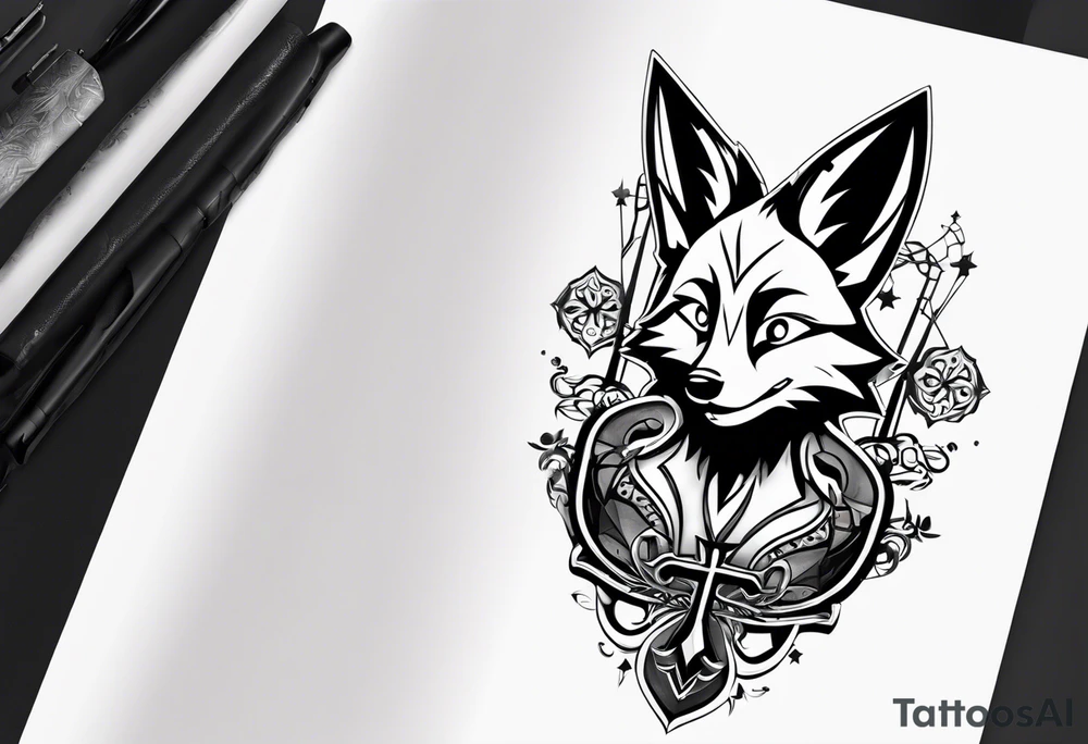 Renard sur un fond boussole. Il faut une clé ( style keyblade dans kingdom hearts. Tatouage sur l'avant bras tattoo idea