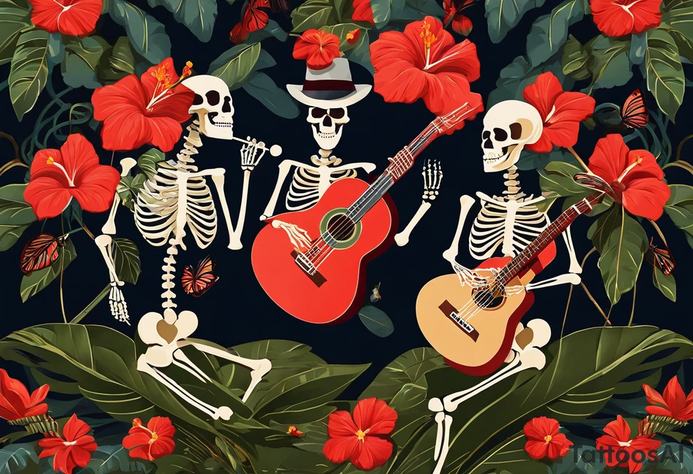 a female skeleton holding a hibiscus flower and a male skeleton playing a guitar. The scene should capture a moment of connection between the two, with the female skeleton attentively listening to the music played by the male skeleton. Emphasize the details of the hibiscus flower,  and the fluidity of the music being played on the guitar. tattoo idea