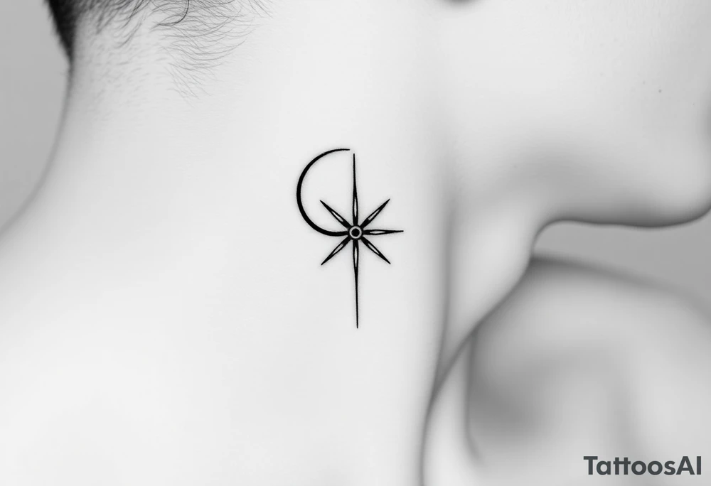 A minimalist crescent moon neck tattoo positioned just behind the ear. The crescent moon is thin and curves to the left. A sharp vertical line extends downward from the inner curve of the moon, intersecting with a symmetrical starburst shape at the center of the line. The starburst has four points — the top and bottom points are elongated, while the horizontal points are shorter, giving it a sleek and modern look. The design features clean, thin lines with a slightly hand-drawn feel, combining celestial and geometric elements. The tattoo follows the natural curve of the neck, giving it an elegant and balanced appearance. tattoo idea