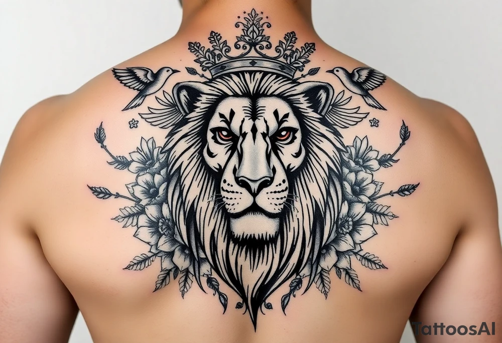 powerful majestic lion with a crown, surrounded by floral ornaments and birds tattoo idea
