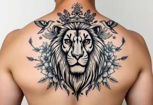 powerful majestic lion with a crown, surrounded by floral ornaments and birds tattoo idea