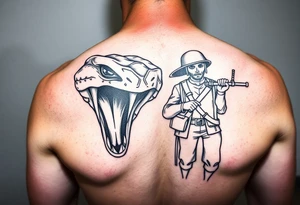 A snake with alien eyes full mouth of teeth and a guy with a saddle tattoo idea