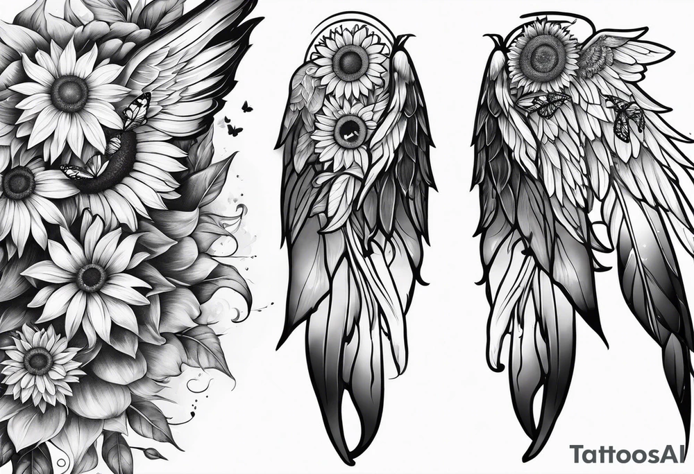 Sleeve with angel wings, sunflower and butterfly tattoo idea