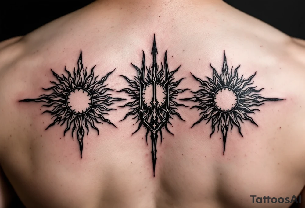 trident with 3 suns tattoo idea