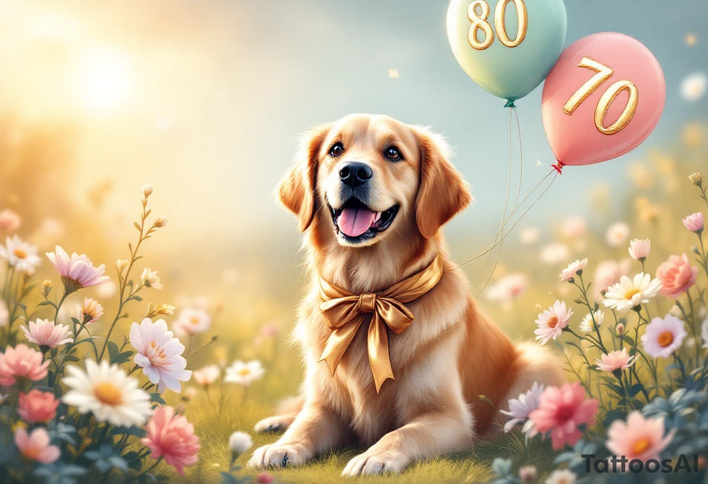 Imagine a golden retriever sitting in the middle of a blooming meadow, surrounded by soft sunlight and pastel-colored flowers. The dog has a large golden ribbon tied around its neck and cheerful balloons floating beside it, with the numbers "80" and "70" clearly displayed. Its expression is joyful and full of warmth. Above the scene, in elegant handwriting, a message reads:
“The entire Albi team warmly congratulates you on your life’s milestone!”
The overall style is soft, watercolor-inspired, perfect for a heartfelt greeting card filled with gentleness and gratitude. tattoo idea