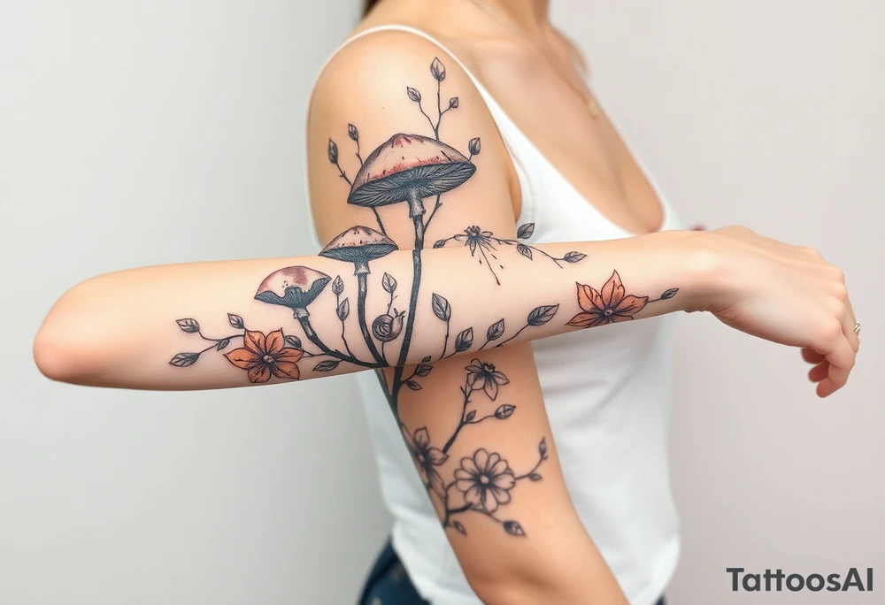 Fall themed sleeve with mushrooms, a snail, some falling leaves off tree branches, falling rain, and fall themed flowers as background filler tattoo idea