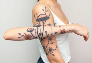 Fall themed sleeve with mushrooms, a snail, some falling leaves off tree branches, falling rain, and fall themed flowers as background filler tattoo idea